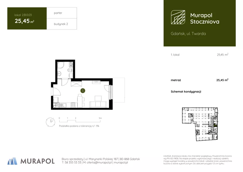 1 pokój, apartament inwestycyjny 25,45 m², parter, oferta nr 2.B.0.03, Murapol Stoczniova - Etap II, Gdańsk, Młyniska, ul. Twarda