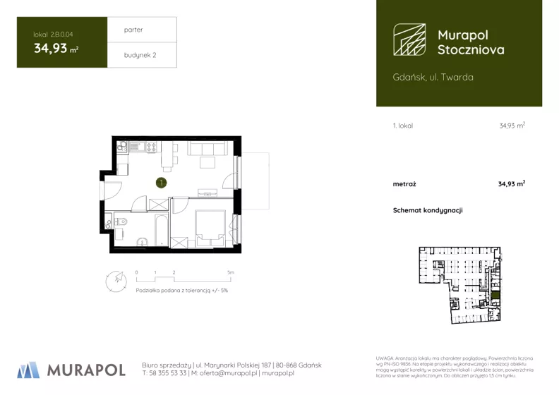 1 pokój, apartament inwestycyjny 34,93 m², parter, oferta nr 2.B.0.04, Murapol Stoczniova - Etap II, Gdańsk, Młyniska, ul. Twarda