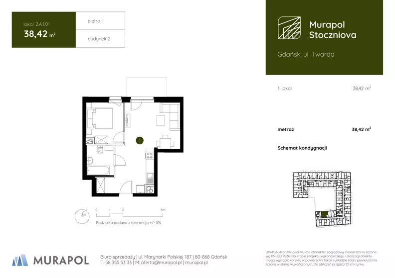 1 pokój, apartament inwestycyjny 38,42 m², piętro 1, oferta nr 2.A.1.01, Murapol Stoczniova - Etap II, Gdańsk, Młyniska, ul. Twarda