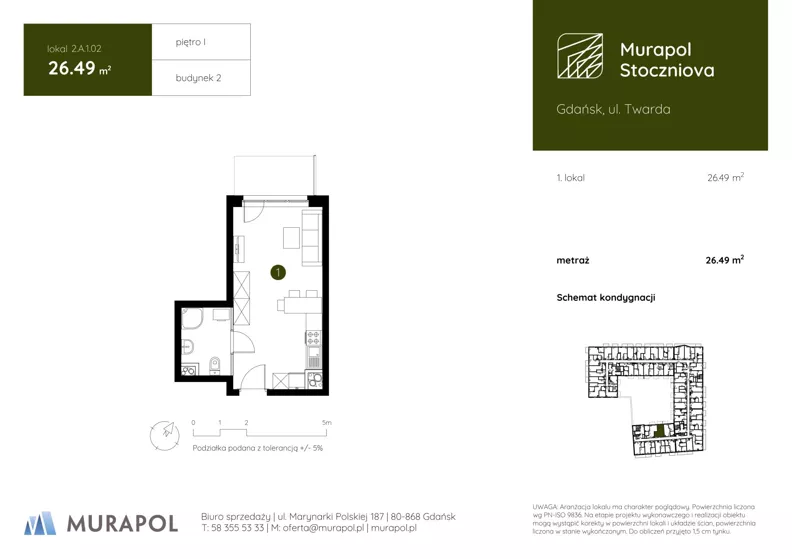 1 pokój, apartament inwestycyjny 26,49 m², piętro 1, oferta nr 2.A.1.02, Murapol Stoczniova - Etap II, Gdańsk, Młyniska, ul. Twarda