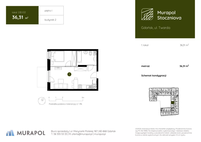 1 pokój, apartament inwestycyjny 36,31 m², piętro 1, oferta nr 2.B.1.02, Murapol Stoczniova - Etap II, Gdańsk, Młyniska, ul. Twarda