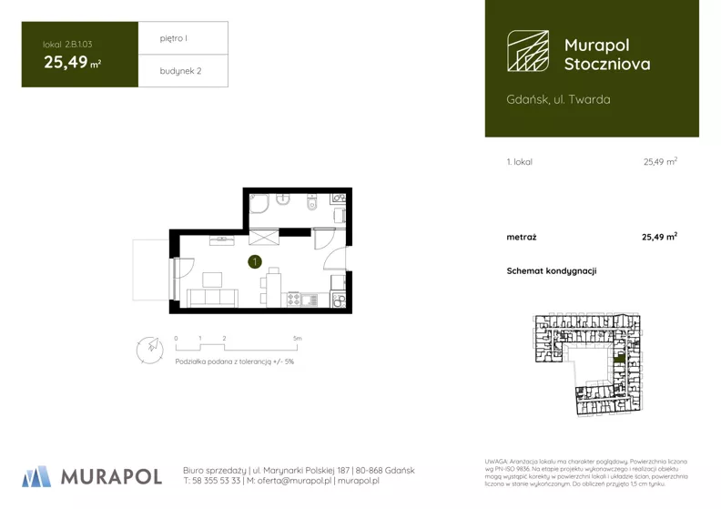1 pokój, apartament inwestycyjny 25,49 m², piętro 1, oferta nr 2.B.1.03, Murapol Stoczniova - Etap II, Gdańsk, Młyniska, ul. Twarda