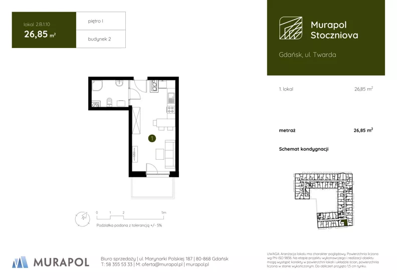 1 pokój, apartament inwestycyjny 26,85 m², piętro 1, oferta nr 2.B.1.10, Murapol Stoczniova - Etap II, Gdańsk, Młyniska, ul. Twarda