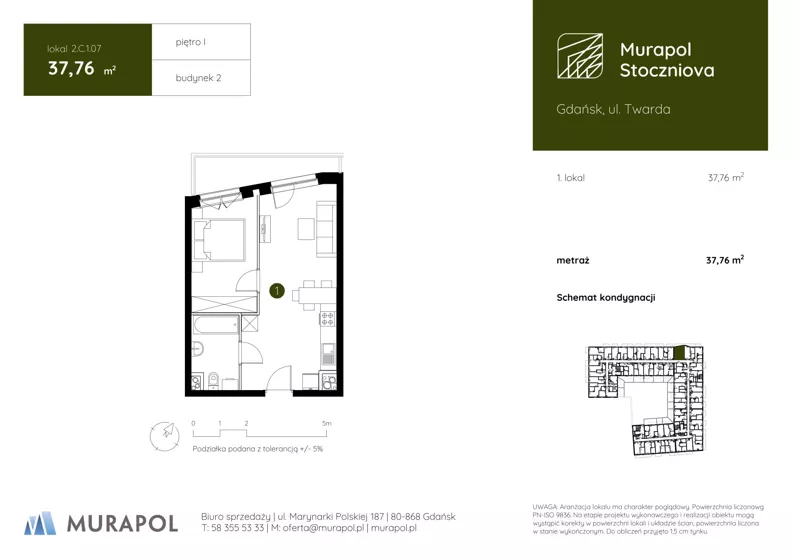 1 pokój, apartament inwestycyjny 37,76 m², piętro 1, oferta nr 2.C.1.07, Murapol Stoczniova - Etap II, Gdańsk, Młyniska, ul. Twarda