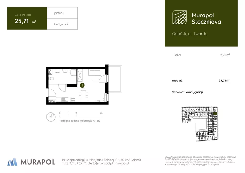1 pokój, apartament inwestycyjny 25,71 m², piętro 1, oferta nr 2.C.1.10, Murapol Stoczniova - Etap II, Gdańsk, Młyniska, ul. Twarda