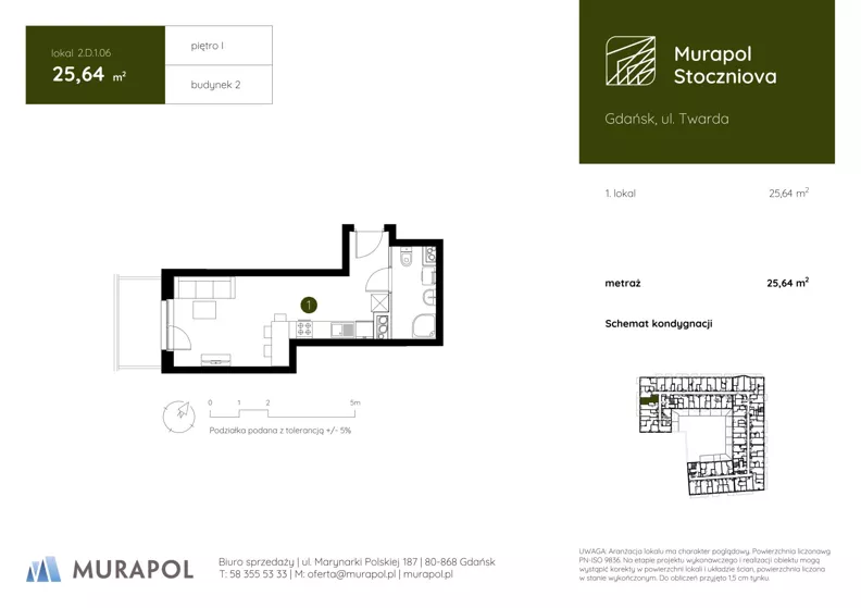 1 pokój, apartament inwestycyjny 25,64 m², piętro 1, oferta nr 2.D.1.06, Murapol Stoczniova - Etap II, Gdańsk, Młyniska, ul. Twarda