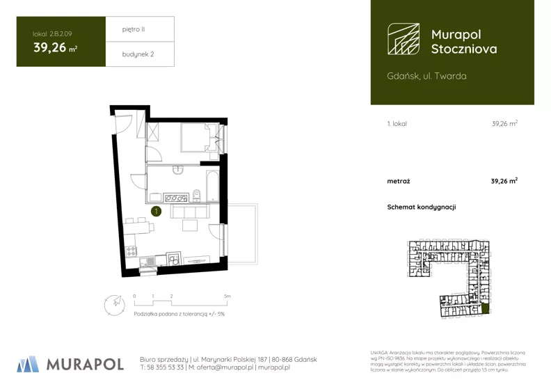 1 pokój, apartament inwestycyjny 39,26 m², piętro 2, oferta nr 2.B.2.09, Murapol Stoczniova - Etap II, Gdańsk, Młyniska, ul. Twarda