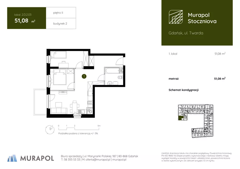 1 pokój, apartament inwestycyjny 51,08 m², piętro 2, oferta nr 2.D.2.03, Murapol Stoczniova - Etap II, Gdańsk, Młyniska, ul. Twarda