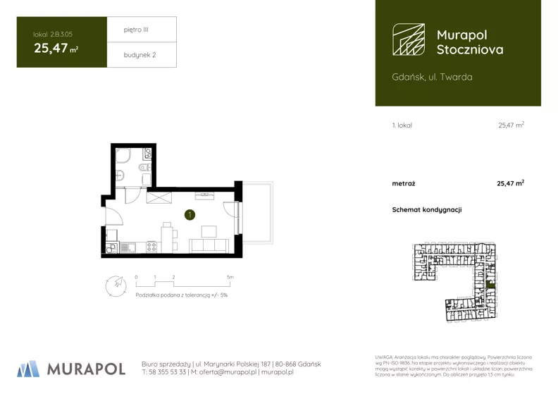 1 pokój, apartament inwestycyjny 25,47 m², piętro 3, oferta nr 2.B.3.05, Murapol Stoczniova - Etap II, Gdańsk, Młyniska, ul. Twarda