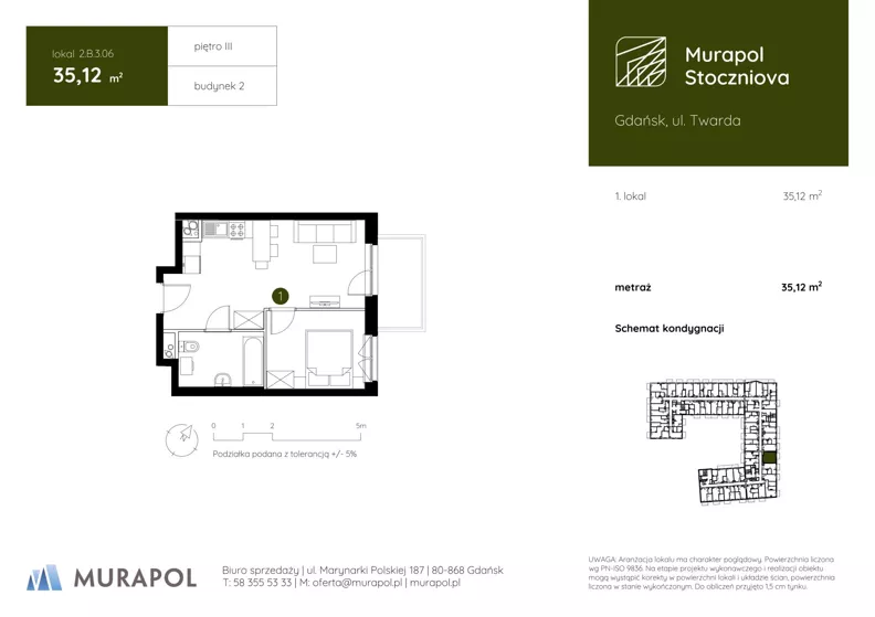 1 pokój, apartament inwestycyjny 35,12 m², piętro 3, oferta nr 2.B.3.06, Murapol Stoczniova - Etap II, Gdańsk, Młyniska, ul. Twarda