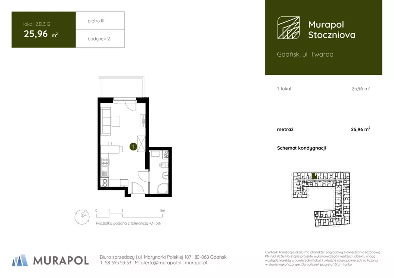 1 pokój, apartament inwestycyjny 25,96 m², piętro 3, oferta nr 2.D.3.12, Murapol Stoczniova - Etap II, Gdańsk, Młyniska, ul. Twarda