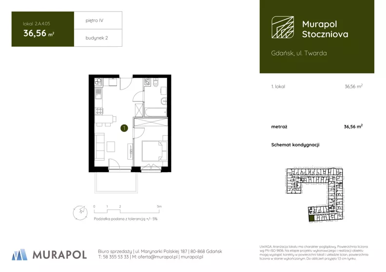 1 pokój, apartament inwestycyjny 36,56 m², piętro 4, oferta nr 2.A.4.05, Murapol Stoczniova - Etap II, Gdańsk, Młyniska, ul. Twarda