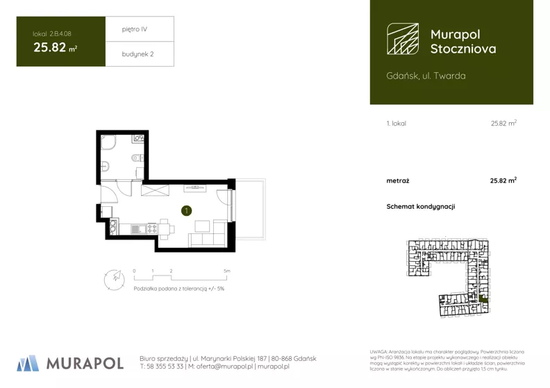 1 pokój, apartament inwestycyjny 25,82 m², piętro 4, oferta nr 2.B.4.08, Murapol Stoczniova - Etap II, Gdańsk, Młyniska, ul. Twarda