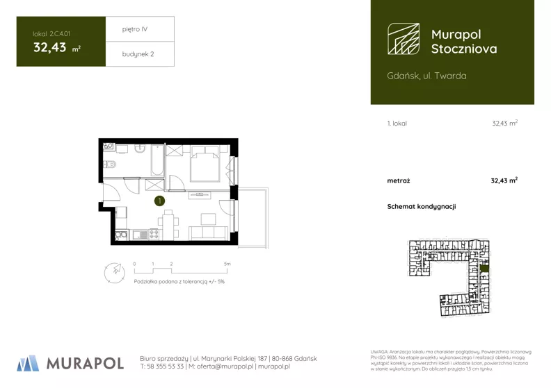 1 pokój, apartament inwestycyjny 32,43 m², piętro 4, oferta nr 2.C.4.01, Murapol Stoczniova - Etap II, Gdańsk, Młyniska, ul. Twarda