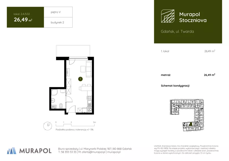 1 pokój, apartament inwestycyjny 26,49 m², piętro 5, oferta nr 2.A.5.02, Murapol Stoczniova - Etap II, Gdańsk, Młyniska, ul. Twarda