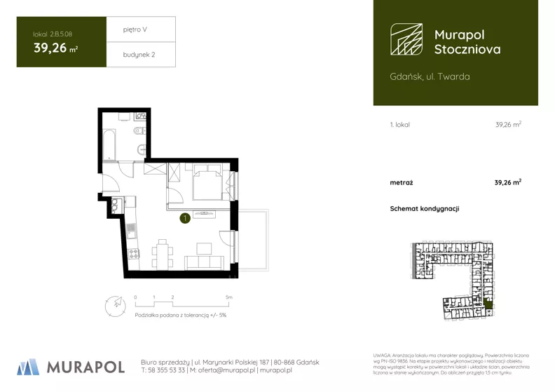 1 pokój, apartament inwestycyjny 39,26 m², piętro 5, oferta nr 2.B.5.08, Murapol Stoczniova - Etap II, Gdańsk, Młyniska, ul. Twarda