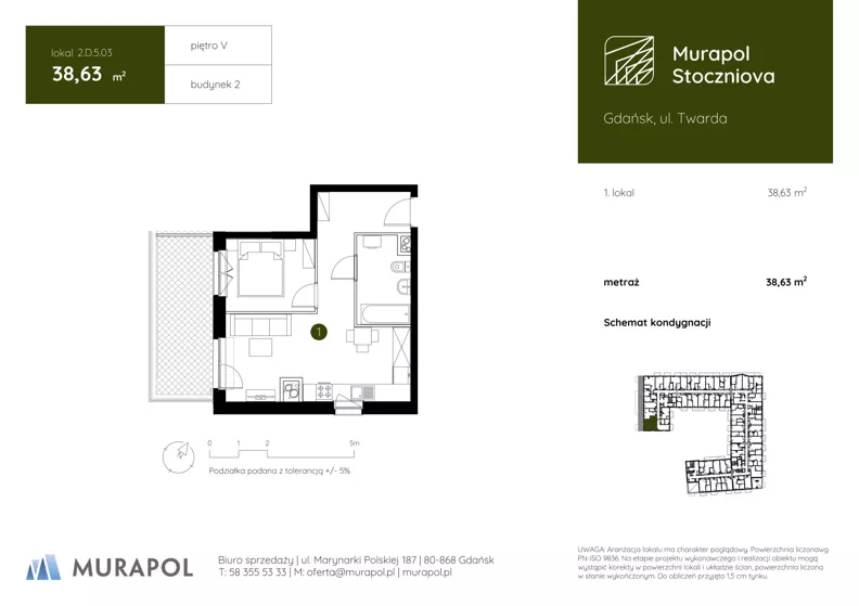1 pokój, apartament inwestycyjny 38,63 m², piętro 5, oferta nr 2.D.5.03, Murapol Stoczniova - Etap II, Gdańsk, Młyniska, ul. Twarda