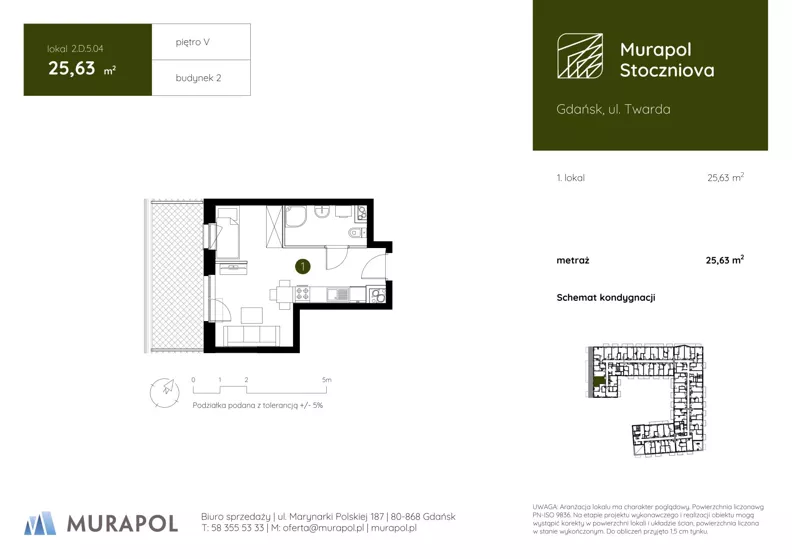 1 pokój, apartament inwestycyjny 25,63 m², piętro 5, oferta nr 2.D.5.04, Murapol Stoczniova - Etap II, Gdańsk, Młyniska, ul. Twarda