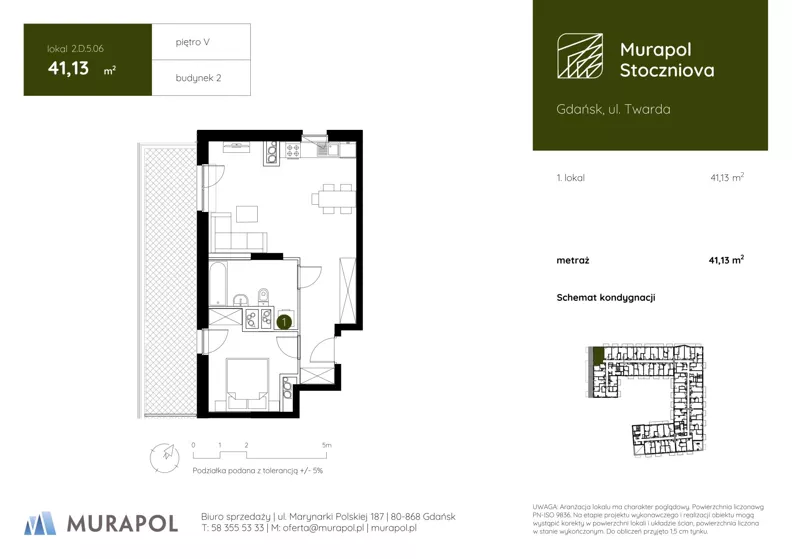 1 pokój, apartament inwestycyjny 41,13 m², piętro 5, oferta nr 2.D.5.06, Murapol Stoczniova - Etap II, Gdańsk, Młyniska, ul. Twarda