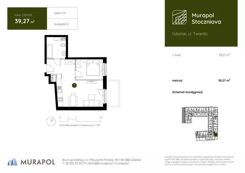 1 pokój, apartament inwestycyjny 39,27 m², piętro 6, oferta nr 2.B.6.08, Murapol Stoczniova - Etap II, Gdańsk, Młyniska, ul. Twarda