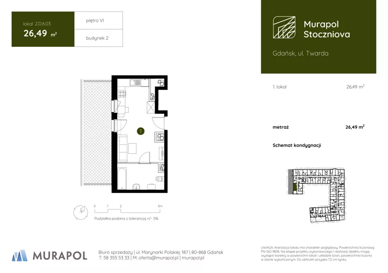 1 pokój, apartament inwestycyjny 26,49 m², piętro 6, oferta nr 2.D.6.03, Murapol Stoczniova - Etap II, Gdańsk, Młyniska, ul. Twarda