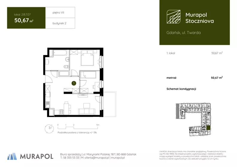 1 pokój, apartament inwestycyjny 50,67 m², piętro 7, oferta nr 2.B.7.07, Murapol Stoczniova - Etap II, Gdańsk, Młyniska, ul. Twarda