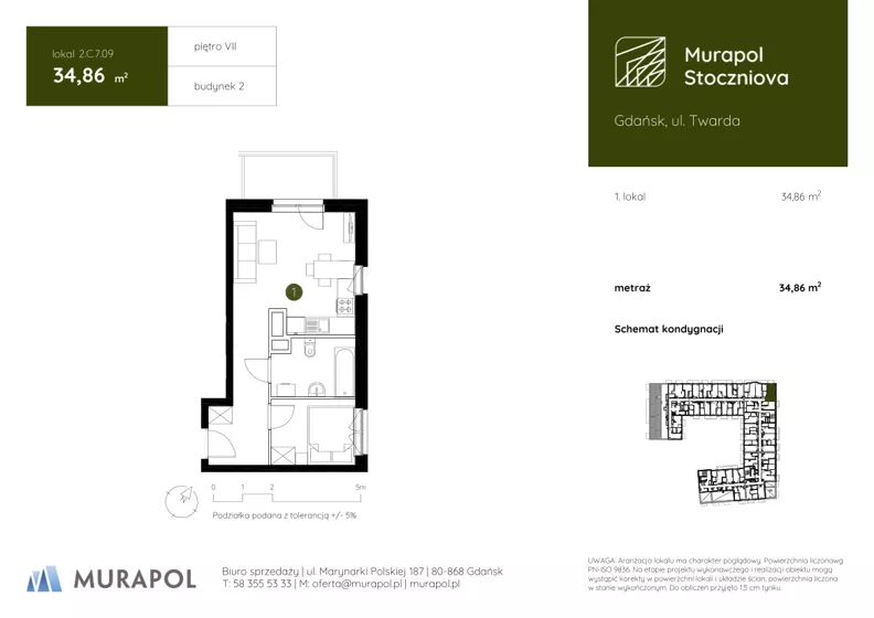 1 pokój, apartament inwestycyjny 34,86 m², piętro 7, oferta nr 2.C.7.09, Murapol Stoczniova - Etap II, Gdańsk, Młyniska, ul. Twarda