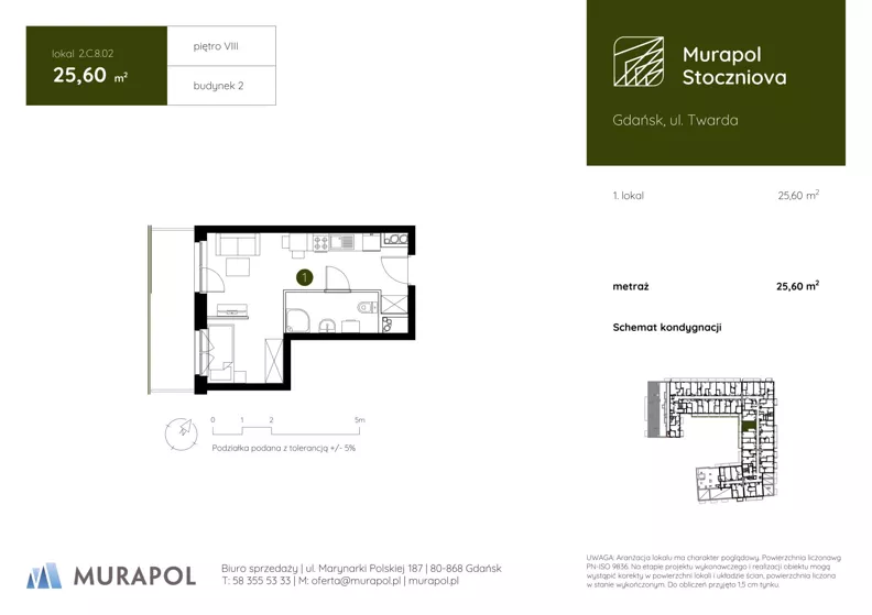 1 pokój, apartament inwestycyjny 25,60 m², piętro 8, oferta nr 2.C.8.02, Murapol Stoczniova - Etap II, Gdańsk, Młyniska, ul. Twarda