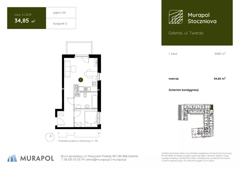 1 pokój, apartament inwestycyjny 34,85 m², piętro 8, oferta nr 2.C.8.09, Murapol Stoczniova - Etap II, Gdańsk, Młyniska, ul. Twarda