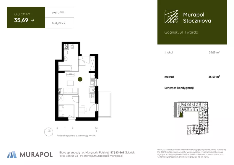 1 pokój, apartament inwestycyjny 35,69 m², piętro 8, oferta nr 2.D.8.01, Murapol Stoczniova - Etap II, Gdańsk, Młyniska, ul. Twarda
