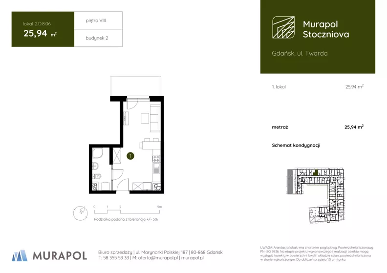 1 pokój, apartament inwestycyjny 25,94 m², piętro 8, oferta nr 2.D.8.06, Murapol Stoczniova - Etap II, Gdańsk, Młyniska, ul. Twarda