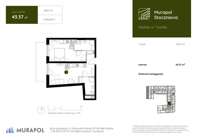 1 pokój, apartament inwestycyjny 43,37 m², piętro 9, oferta nr 2.B.9.01, Murapol Stoczniova - Etap II, Gdańsk, Młyniska, ul. Twarda