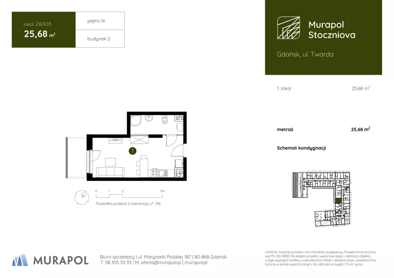 1 pokój, apartament inwestycyjny 25,68 m², piętro 9, oferta nr 2.B.9.03, Murapol Stoczniova - Etap II, Gdańsk, Młyniska, ul. Twarda