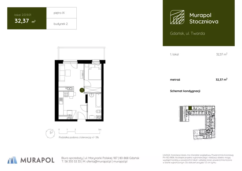 1 pokój, apartament inwestycyjny 32,37 m², piętro 9, oferta nr 2.D.9.01, Murapol Stoczniova - Etap II, Gdańsk, Młyniska, ul. Twarda