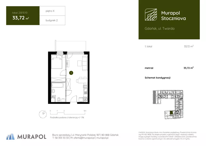 1 pokój, apartament inwestycyjny 33,72 m², piętro 10, oferta nr 2.B.10.10, Murapol Stoczniova - Etap II, Gdańsk, Młyniska, ul. Twarda