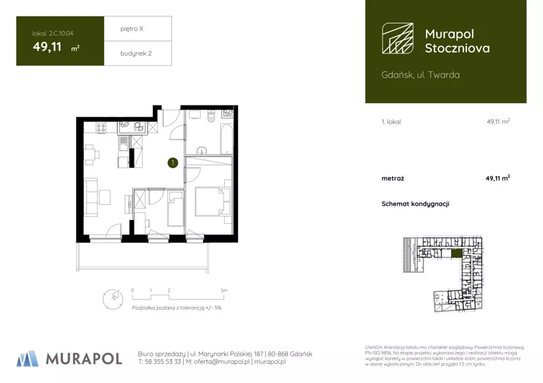 1 pokój, apartament inwestycyjny 49,11 m², piętro 10, oferta nr 2.C.10.04, Murapol Stoczniova - Etap II, Gdańsk, Młyniska, ul. Twarda