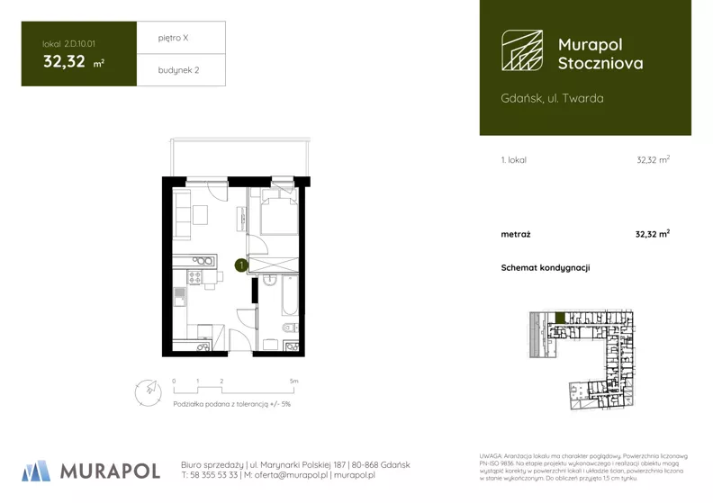1 pokój, apartament inwestycyjny 32,32 m², piętro 10, oferta nr 2.D.10.01, Murapol Stoczniova - Etap II, Gdańsk, Młyniska, ul. Twarda