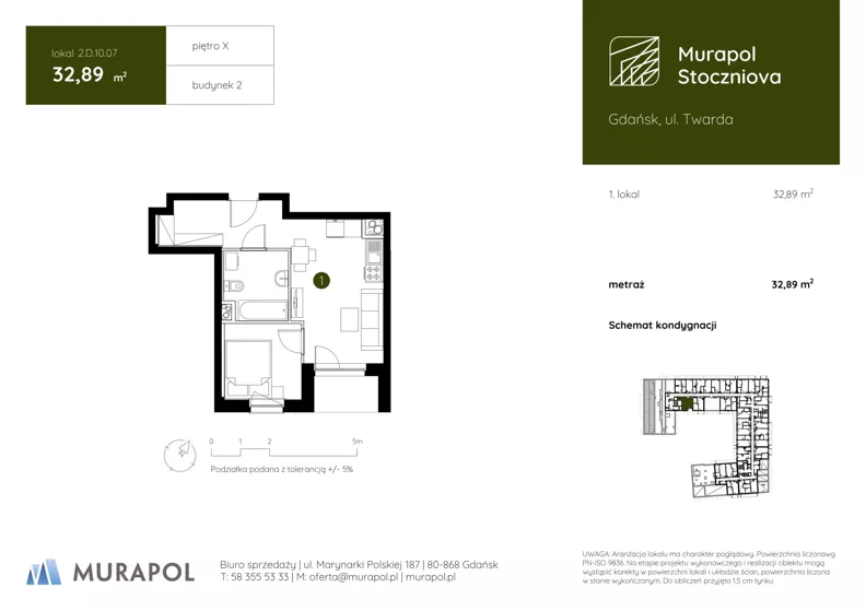 1 pokój, apartament inwestycyjny 32,89 m², piętro 10, oferta nr 2.D.10.07, Murapol Stoczniova - Etap II, Gdańsk, Młyniska, ul. Twarda
