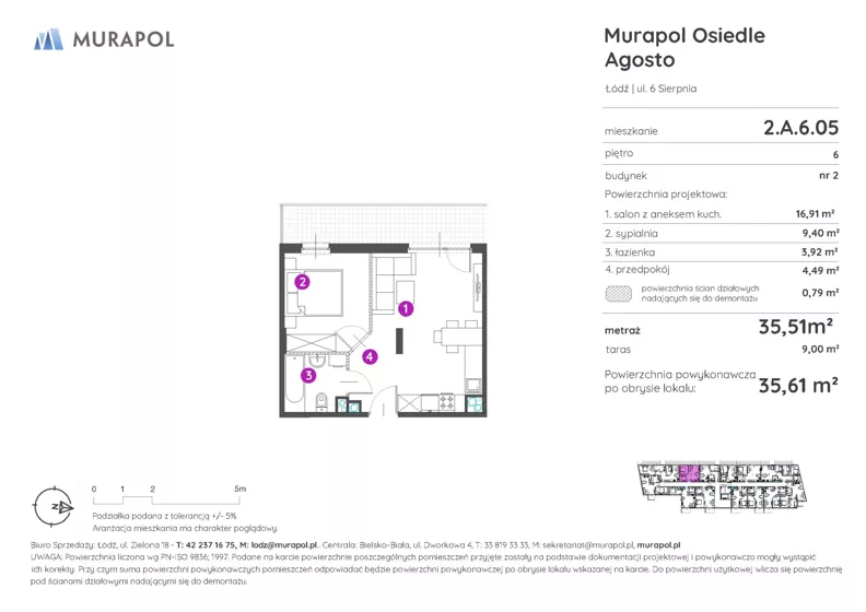 2 pokoje, mieszkanie 35,61 m², piętro 6, oferta nr 2.A.6.05, Murapol Agosto, Łódź, Polesie, Stare Polesie, ul. 6 Sierpnia
