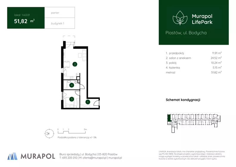 2 pokoje, mieszkanie 51,82 m², parter, oferta nr 1.A.0.01, Murapol LifePark, Piastów, ul. Bodycha 