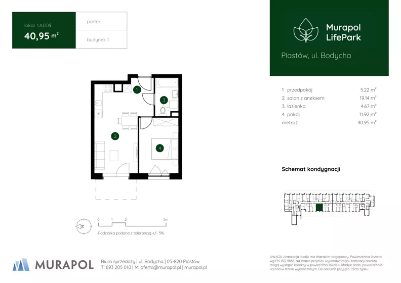 2 pokoje, mieszkanie 40,95 m², parter, oferta nr 1.A.0.09, Murapol LifePark, Piastów, ul. Bodycha 