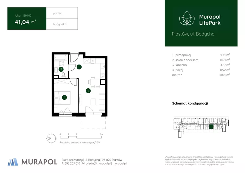 2 pokoje, mieszkanie 41,04 m², parter, oferta nr 1.B.0.02, Murapol LifePark, Piastów, ul. Bodycha 