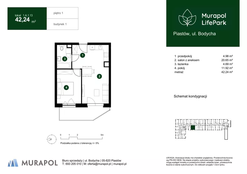 2 pokoje, mieszkanie 42,24 m², piętro 1, oferta nr 1.A.1.13, Murapol LifePark, Piastów, ul. Bodycha 