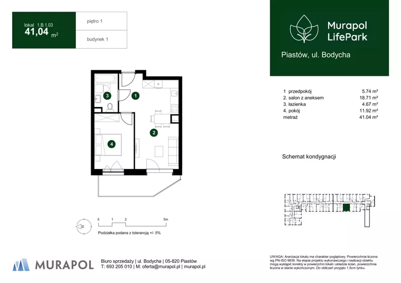 2 pokoje, mieszkanie 41,04 m², piętro 1, oferta nr 1.B.1.03, Murapol LifePark, Piastów, ul. Bodycha 