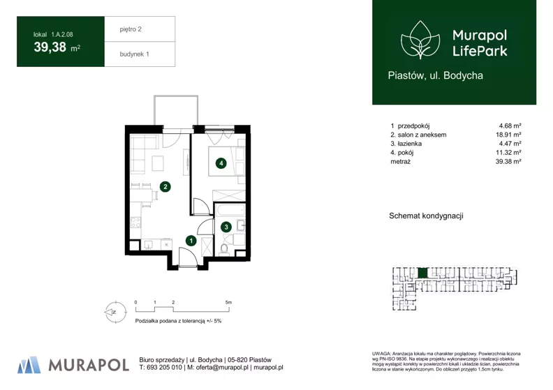 2 pokoje, mieszkanie 39,38 m², piętro 2, oferta nr 1.A.2.08, Murapol LifePark, Piastów, ul. Bodycha 