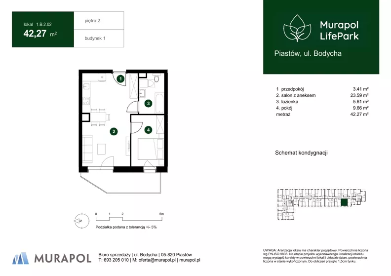 2 pokoje, mieszkanie 42,27 m², piętro 2, oferta nr 1.B.2.02, Murapol LifePark, Piastów, ul. Bodycha 