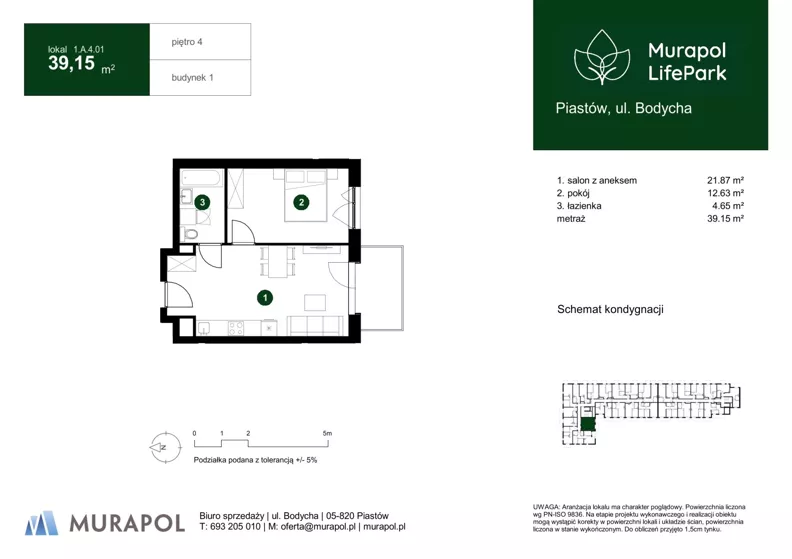 2 pokoje, mieszkanie 39,15 m², piętro 4, oferta nr 1.A.4.01, Murapol LifePark, Piastów, ul. Bodycha 