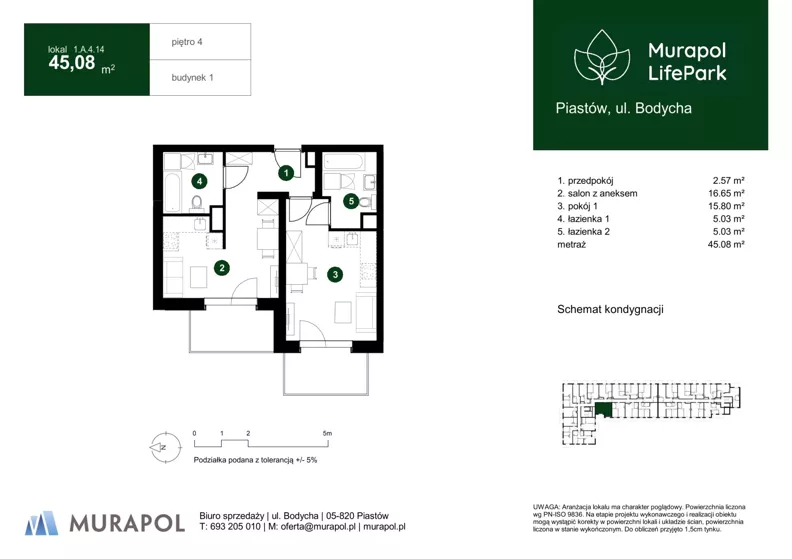 2 pokoje, mieszkanie 45,08 m², piętro 4, oferta nr 1.A.4.14, Murapol LifePark, Piastów, ul. Bodycha 