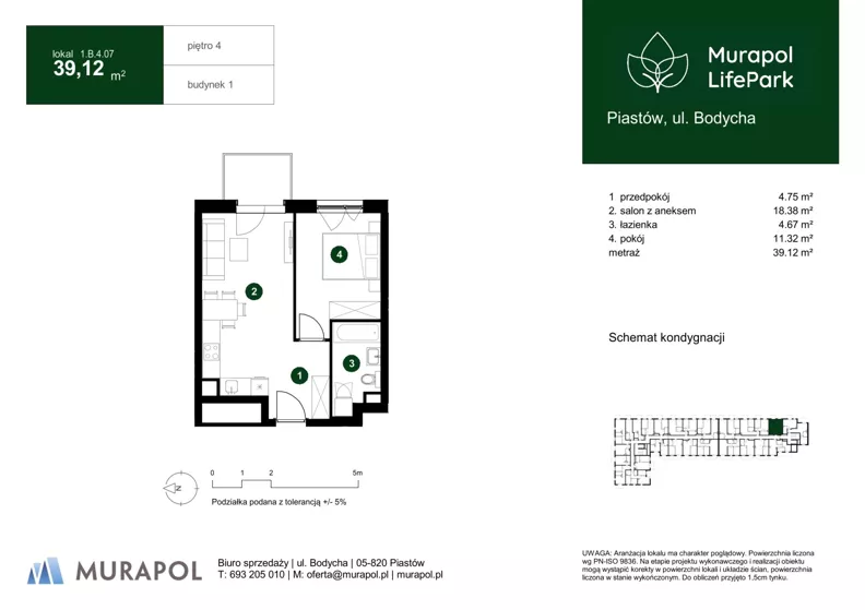 2 pokoje, mieszkanie 39,12 m², piętro 4, oferta nr 1.B.4.07, Murapol LifePark, Piastów, ul. Bodycha 