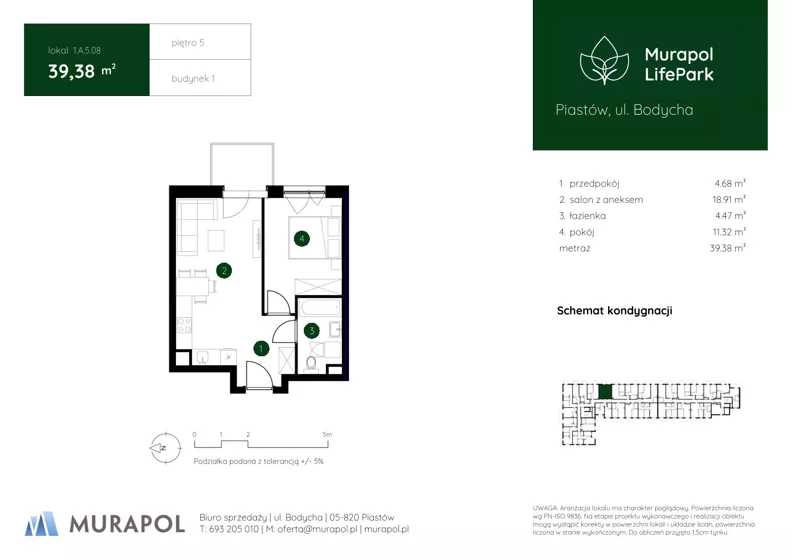 2 pokoje, mieszkanie 39,38 m², piętro 5, oferta nr 1.A.5.08, Murapol LifePark, Piastów, ul. Bodycha 